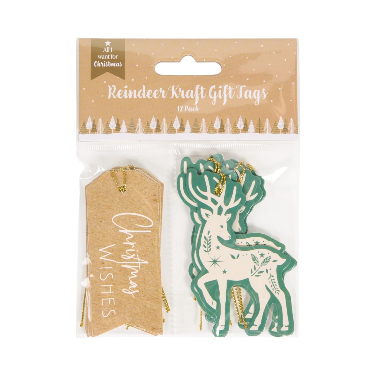 Pack of 12 Reindeer Kraft Gift Tags Green Image 1