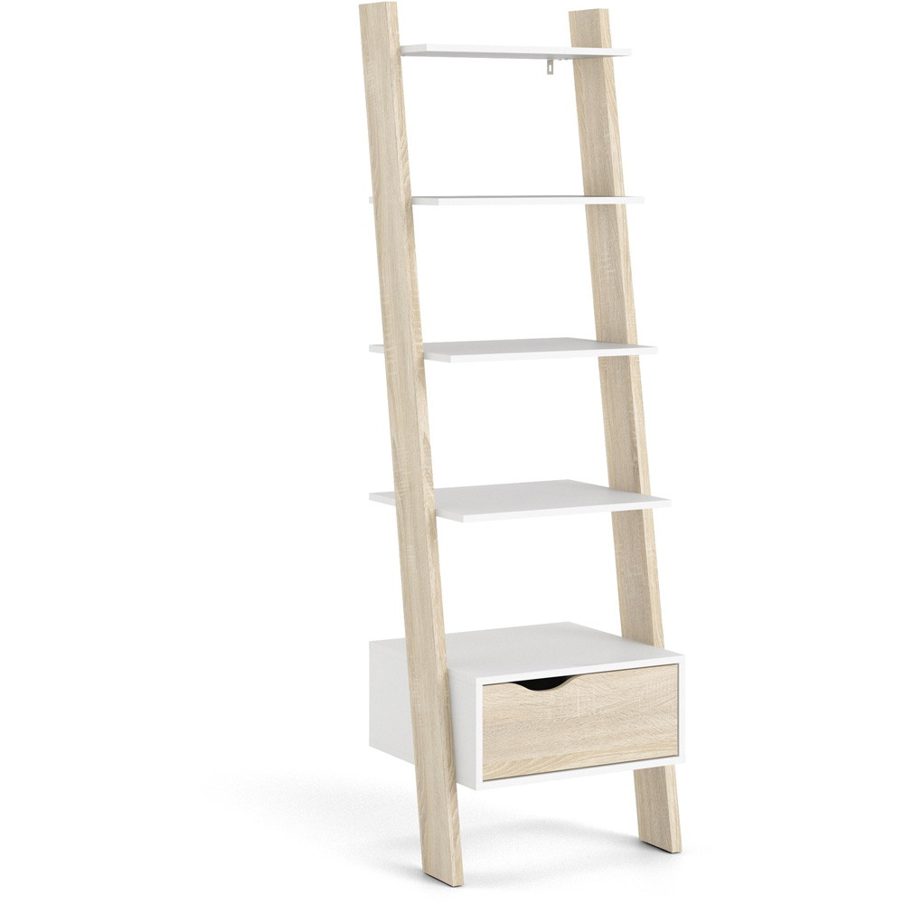 Furniture To Go Oslo White and Oak Single Drawer 5 Shelf Leaning Bookcase Image 2