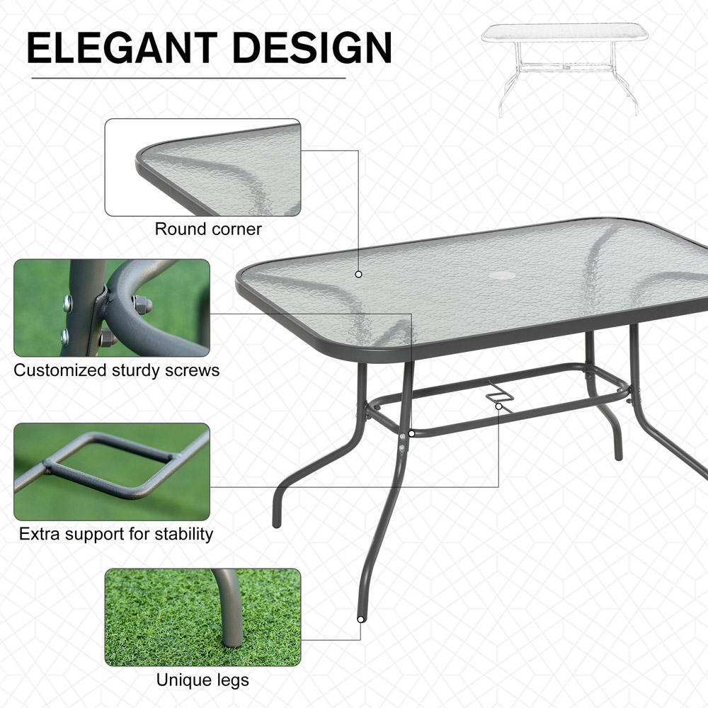 Outsunny Grey Glass Top Curved Metal Garden Table with Parasol Hole Image 5