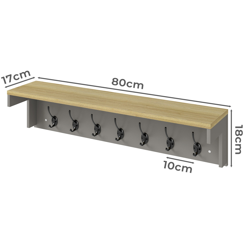 Levede Oak and Grey 7 Double Hook Wall Mounted Coat Rack with Shelf Image 9