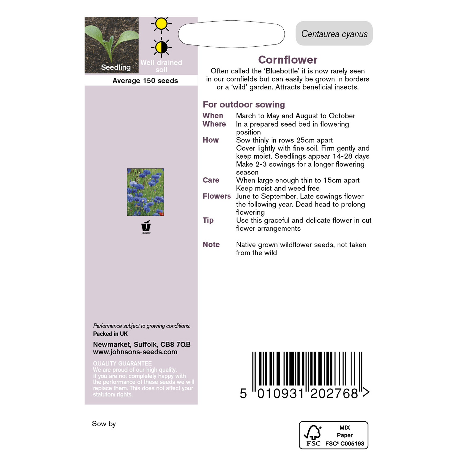 Johnsons Wildflowers Cornflower Blue Flower Seeds Image 3