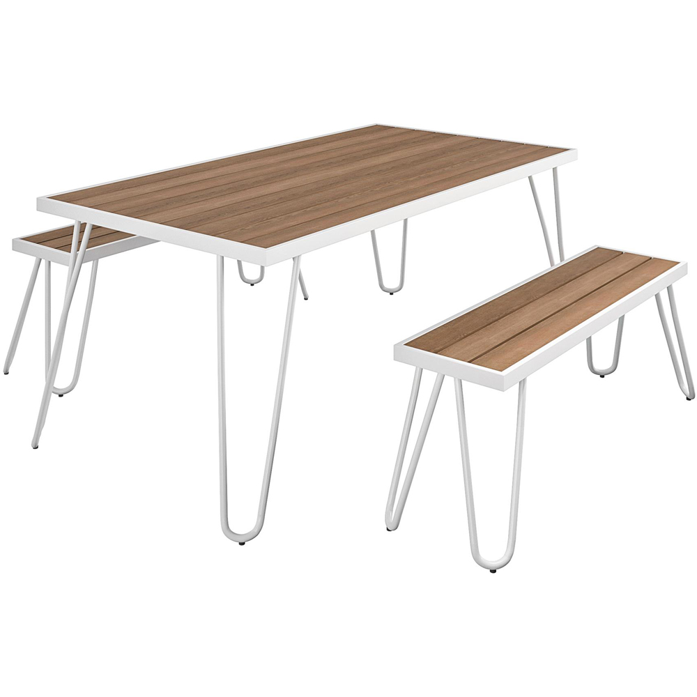 Paulette White Metal Frame Resin Wood Top Dining Table and Bench Set Image 2