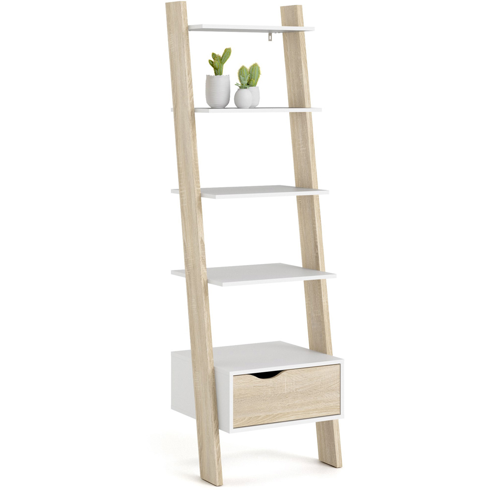 Furniture To Go Oslo White and Oak Single Drawer 5 Shelf Leaning Bookcase Image 4