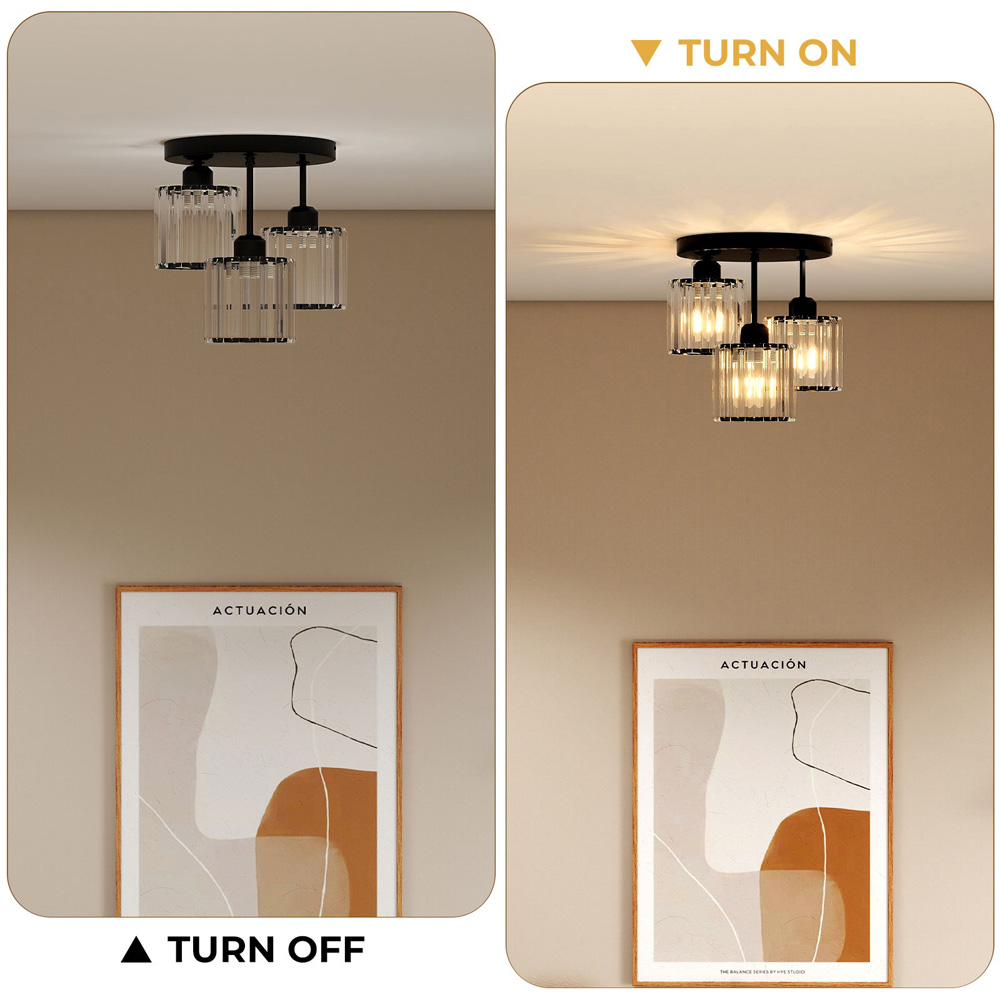 Emitto Black 3 Light Semi Flush Mount E27 Crystal Ceiling Light Image 7