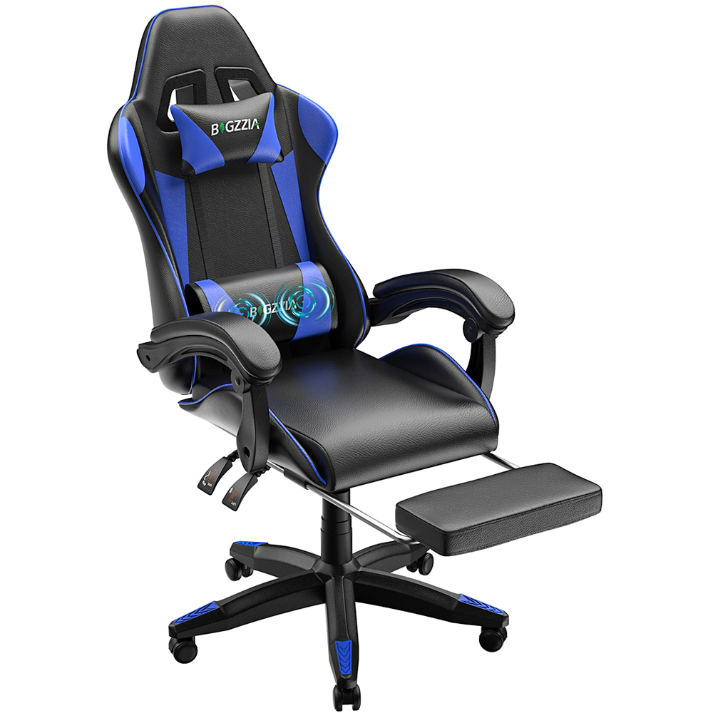 Rattrix Blue PU Leather Reclining Gaming Chair with Massage Lumbar Support and Footrest Image 2