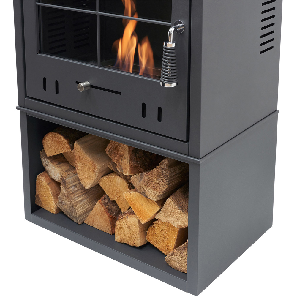 OKO S4 Charcoal Grey Bio Ethanol Stove with Log Storage and Angled Pipe Image 4