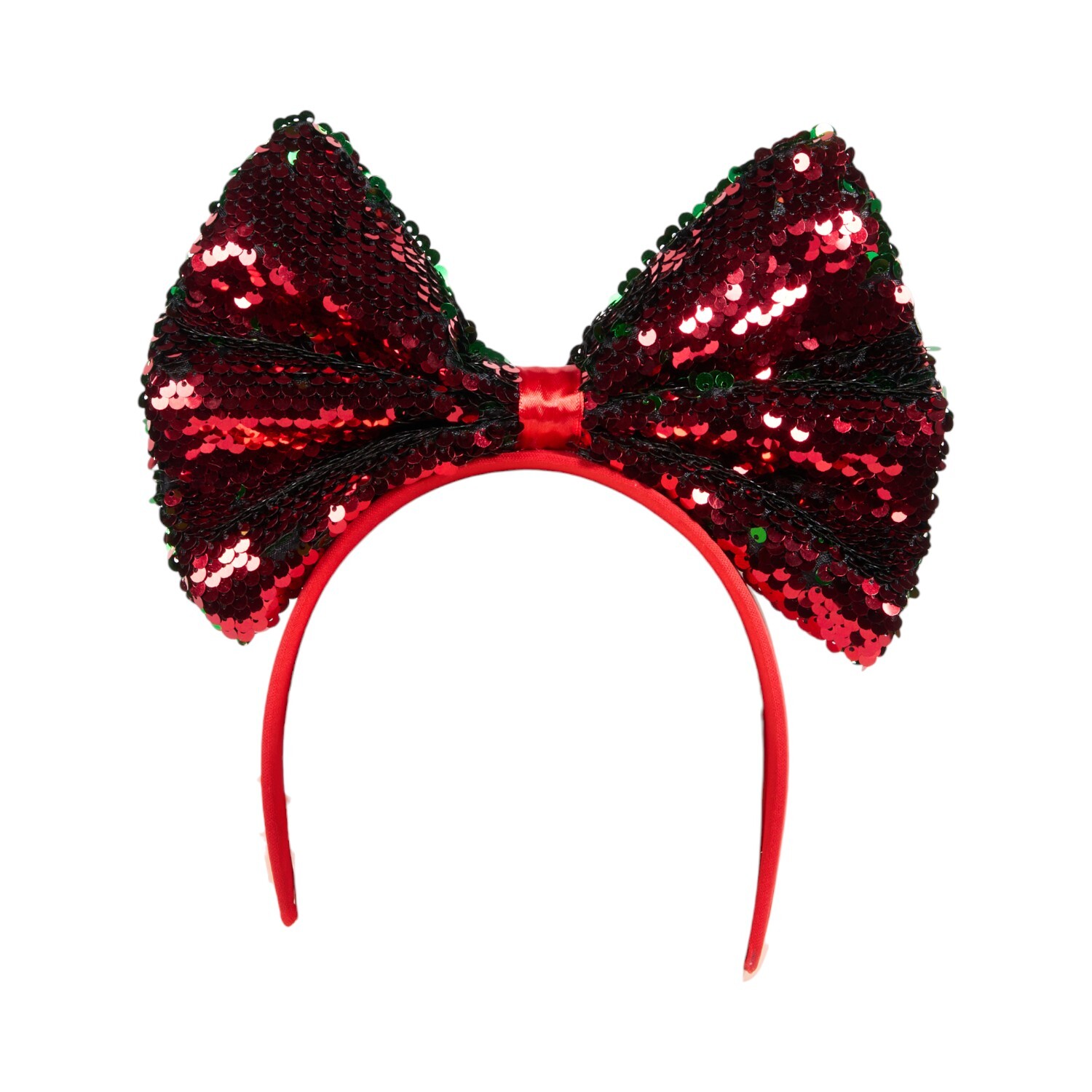 Xmas Reversible Sequin Bow Headband Red and Green Image 3