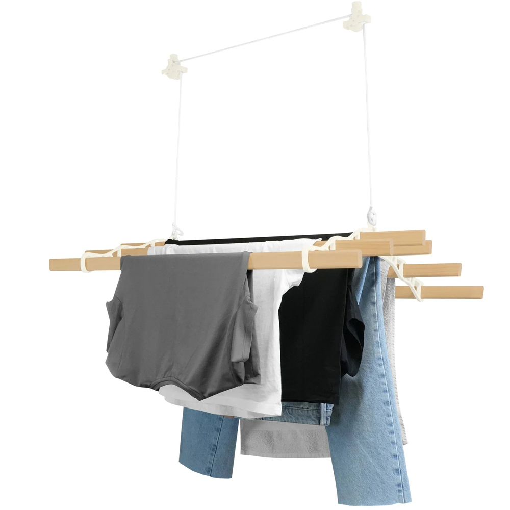 MonsterShop 6 Lath Ivory Clothing Airer Ceiling Pulley 1.4m Image 3