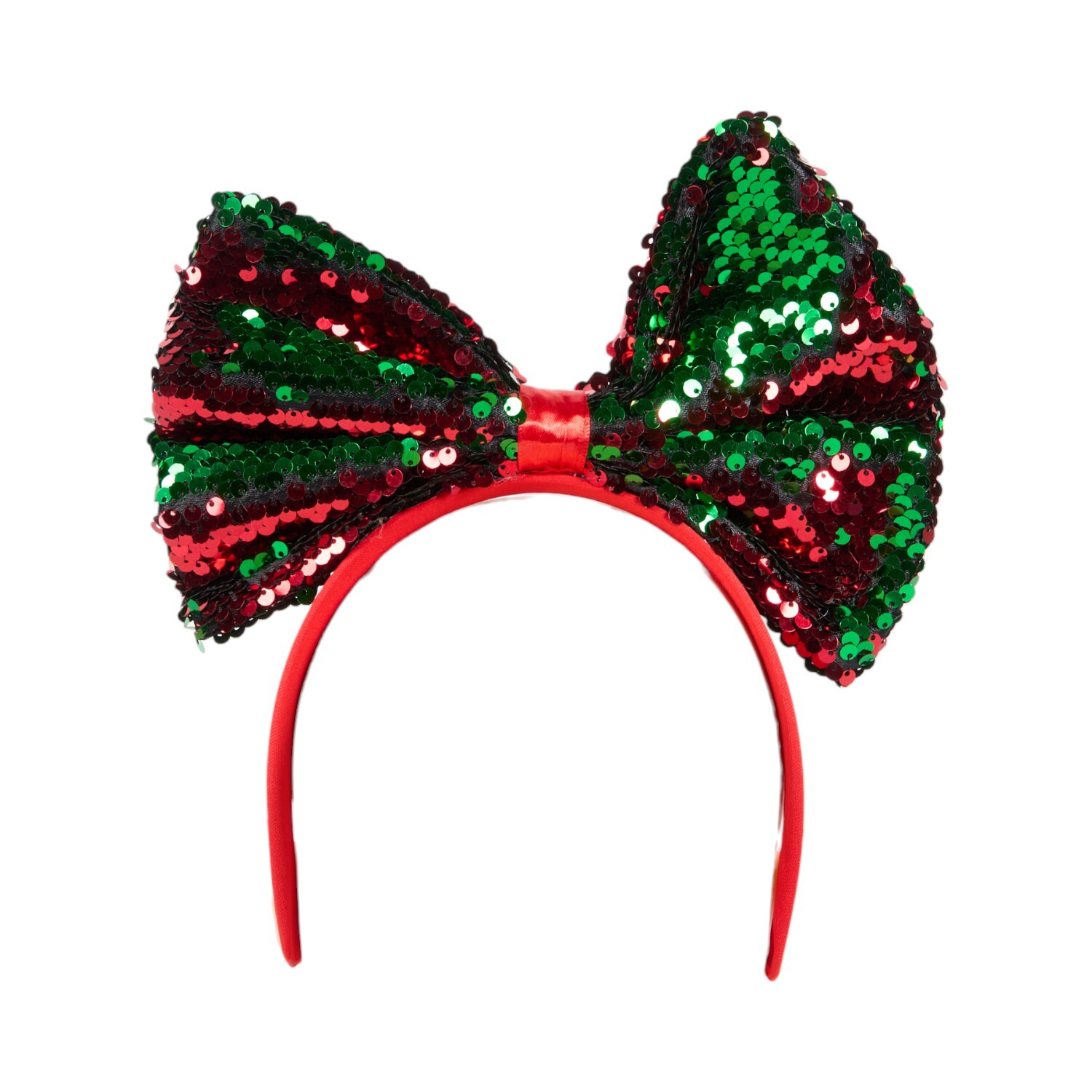Xmas Reversible Sequin Bow Headband Red and Green Image 2