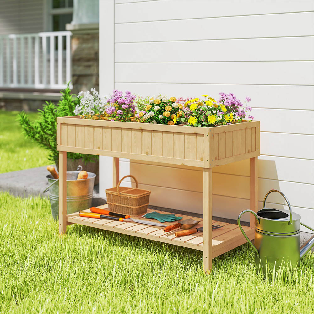 Outsunny Wooden Herb Planter Stand 8 Cubes Bottom Shelf Raised Bed Natural Image 2