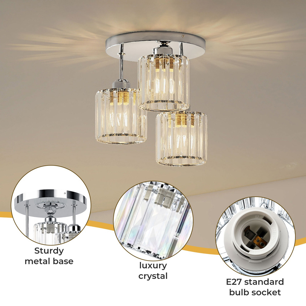 Emitto Chrome 3 Light Semi Flush Mount E27 Crystal Ceiling Light Image 4