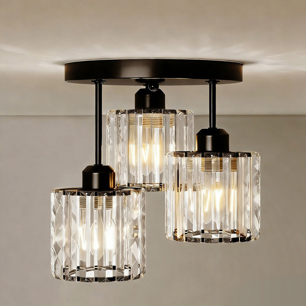Emitto Black 3 Light Semi Flush Mount E27 Crystal Ceiling Light Image 2