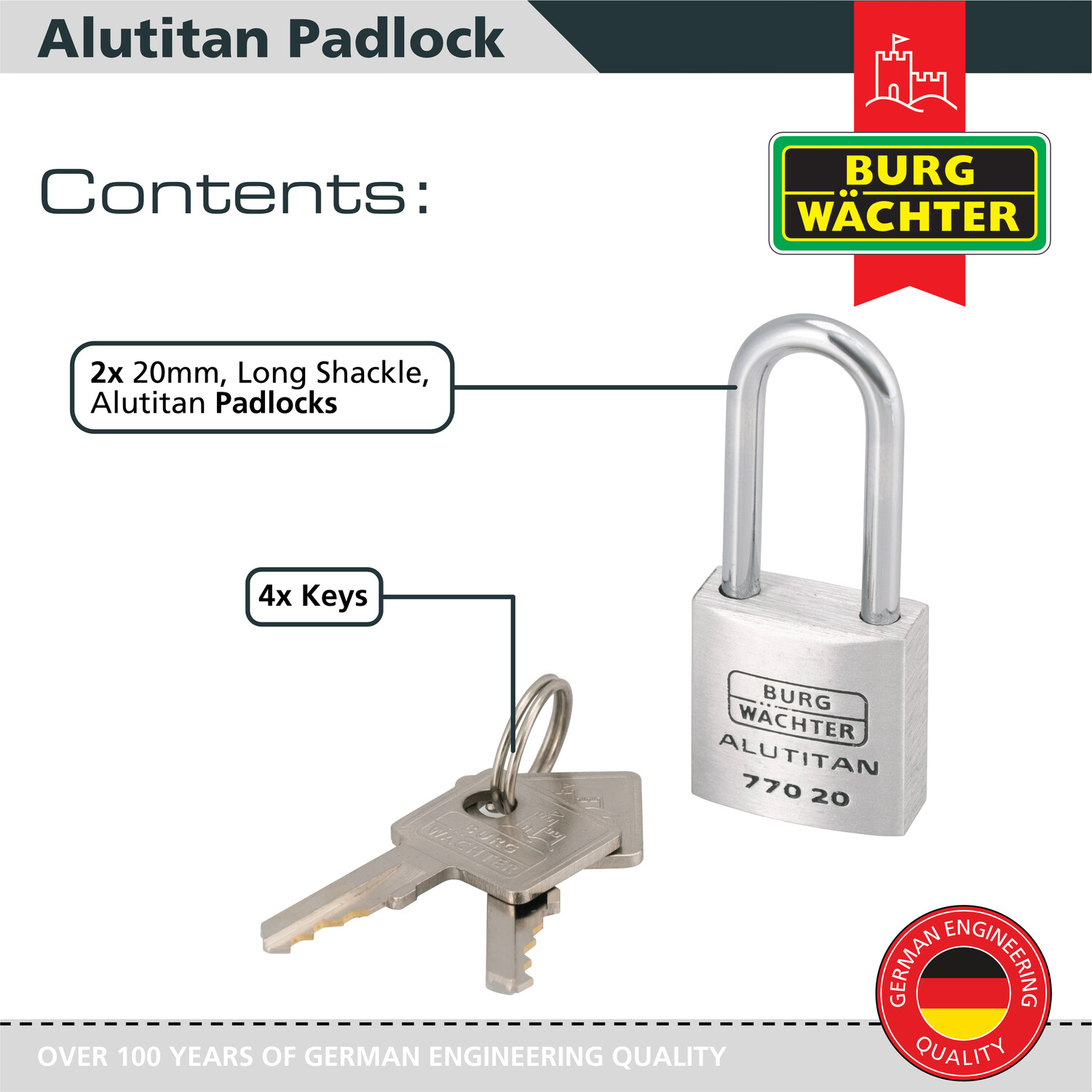 Pack of 2 Long Shackle Aluminium 20mm Padlocks  Silver Image 5