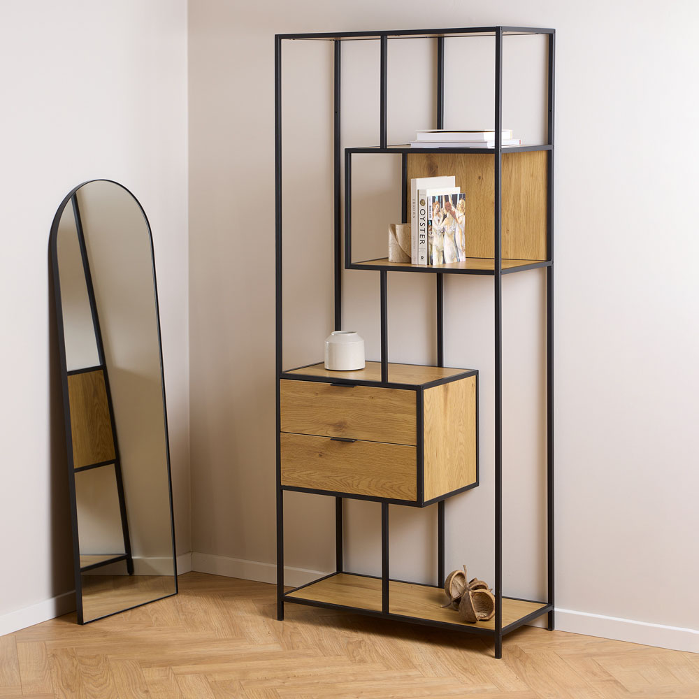 Furniture To Go Seaford Black and Wild Oak 2 Drawer 4 Shelf Tall Bookcase Image 5