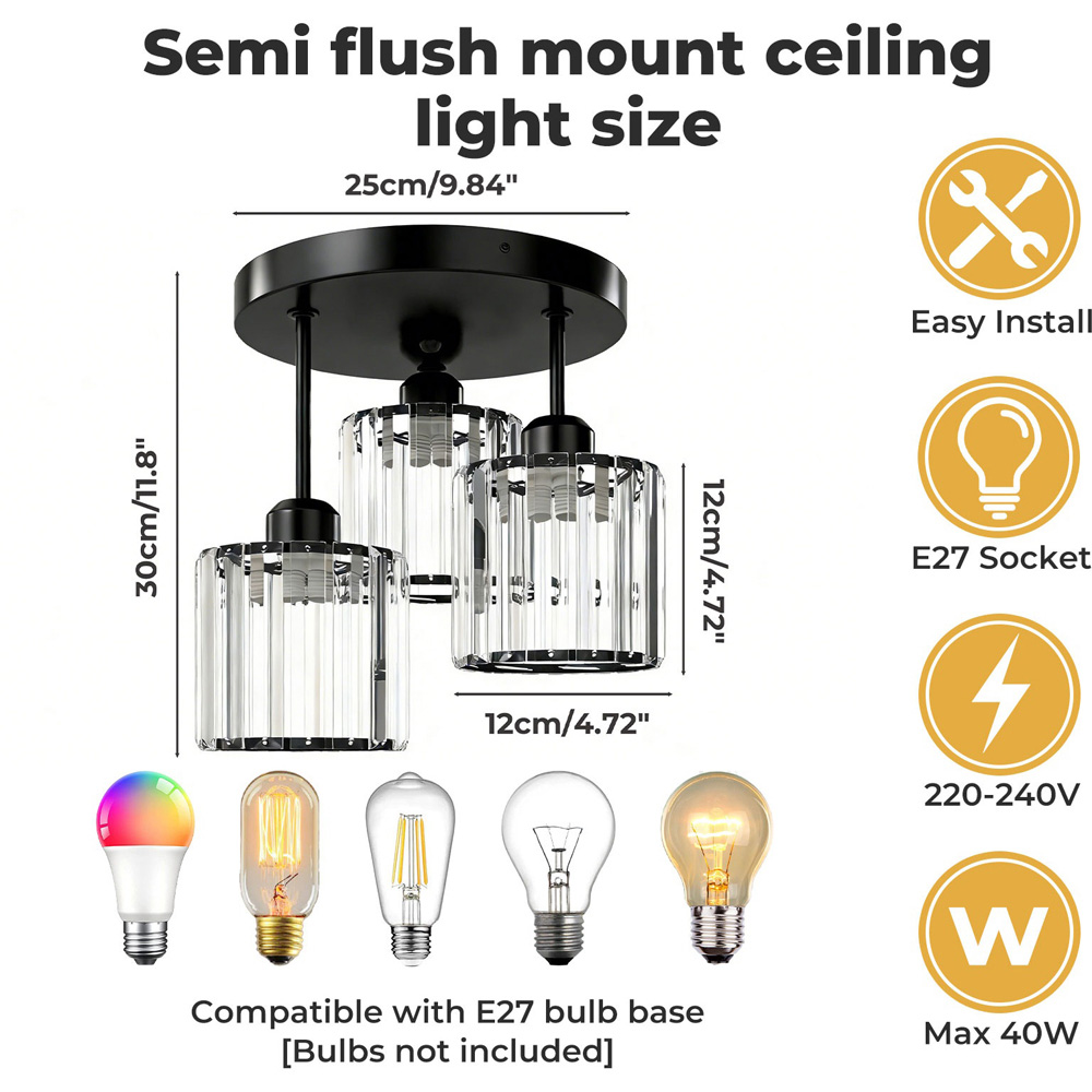 Emitto Black 3 Light Semi Flush Mount E27 Crystal Ceiling Light Image 8