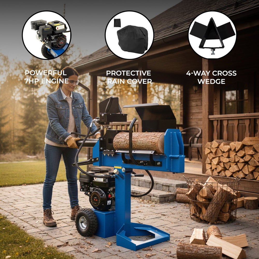 MonsterShop 7HP Petrol Engine Hydraulic Blue Log Splitter with Rain Cover 15T Image 2