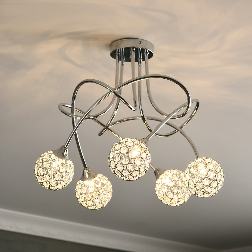 HOMCOM Chandelier Ceiling Light Pendant Light with 5 Globe Lampshades, Silver Image 2