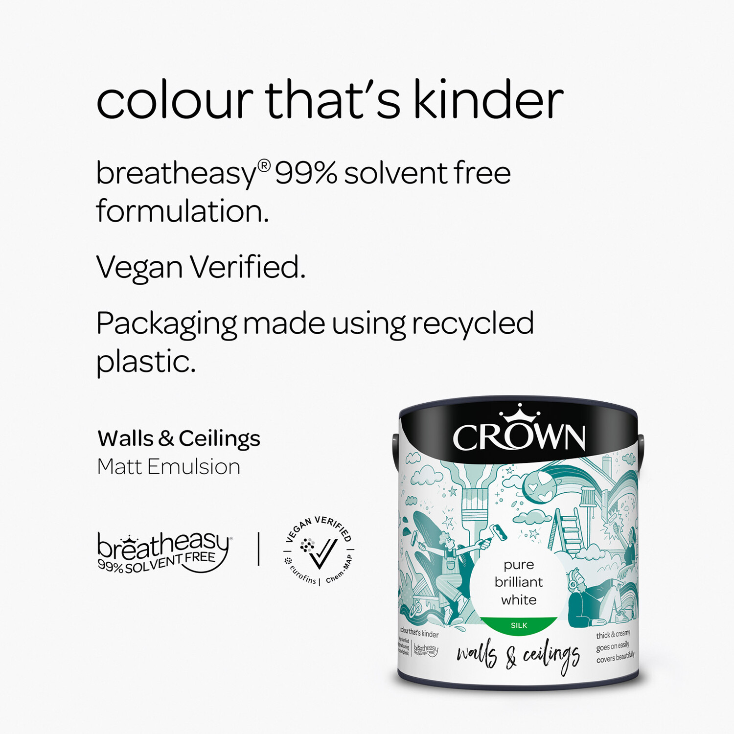 Crown Breatheasy Walls & Ceilings Pure Brilliant White Silk Emulsion Paint 2.5L Image 6