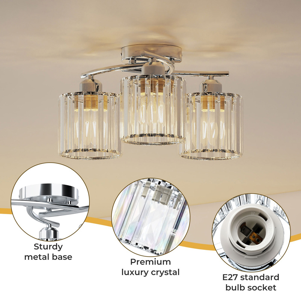 Emitto Chrome 3 Light Semi Flush Mount E27 Crystal Ceiling Light Image 4