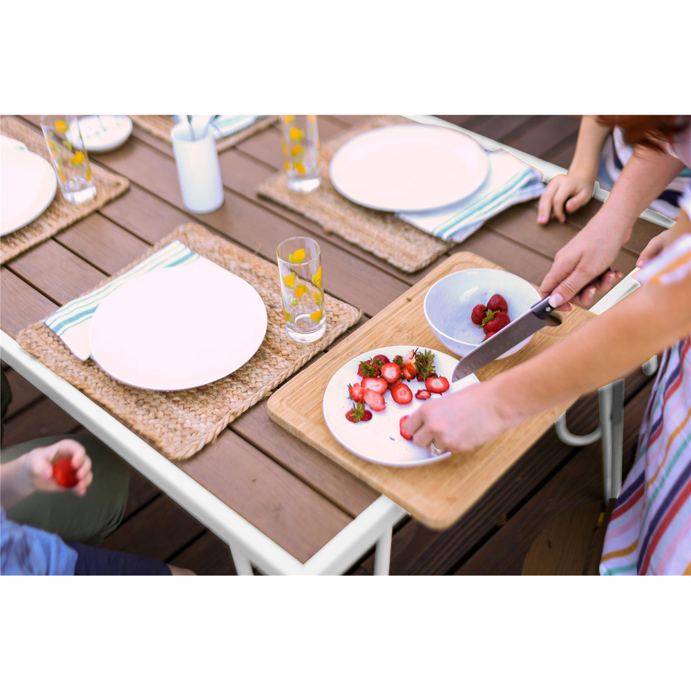 Paulette White Metal Frame Resin Wood Top Dining Table and Bench Set Image 5