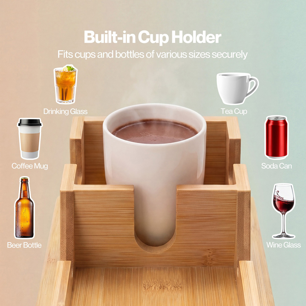 Levede Bamboo Sofa Arm Tray Table with Mug Holder Image 4