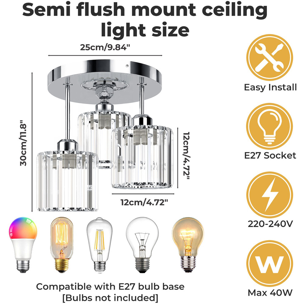 Emitto Chrome 3 Light Semi Flush Mount E27 Crystal Ceiling Light Image 8