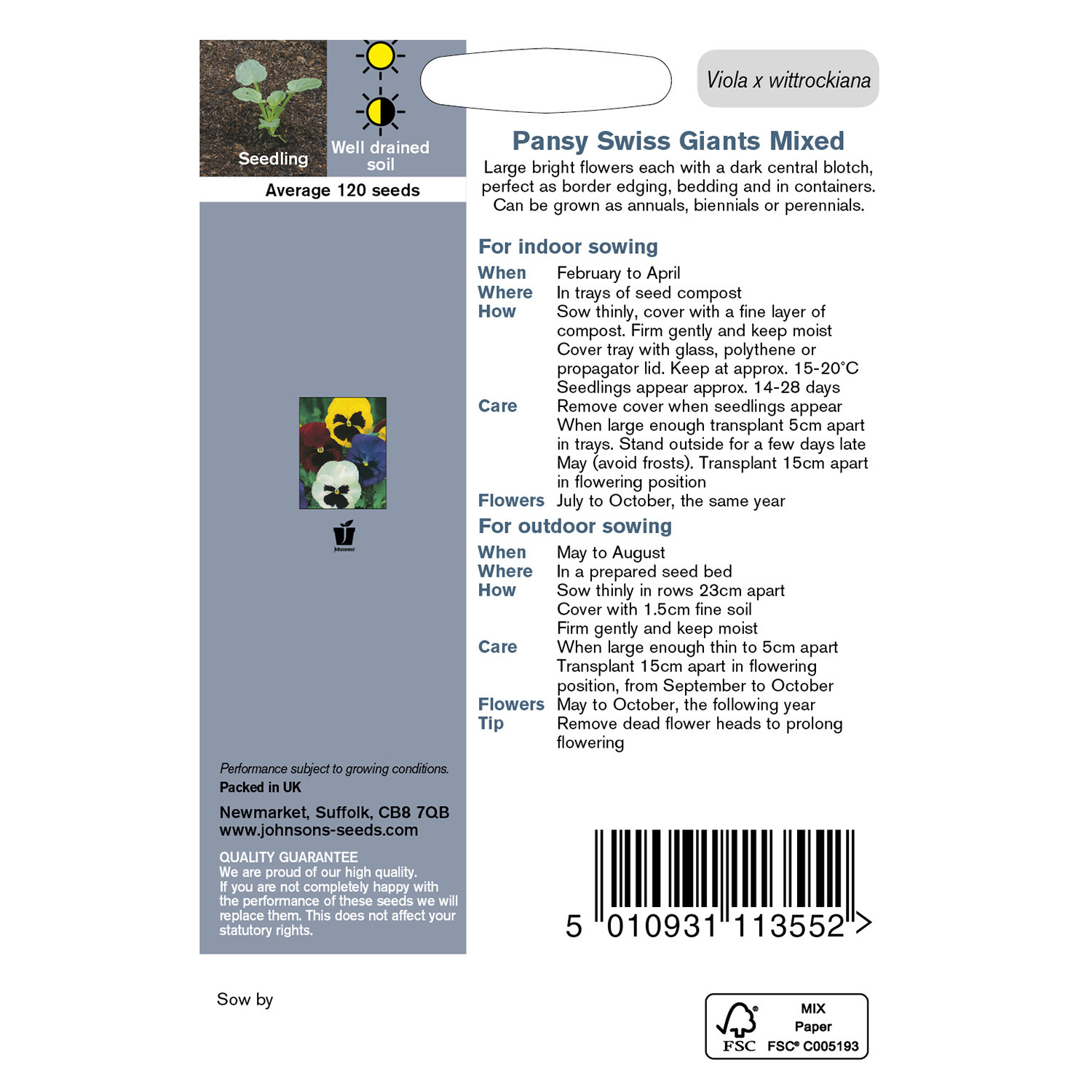 Johnsons Pansy Swiss Giant Mixed Flower Seeds Image 3