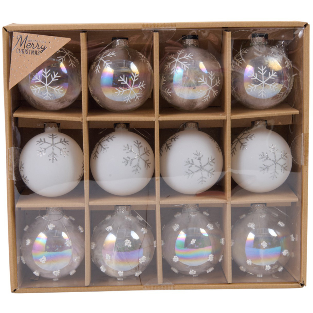 Frosted Fairytale White Snowflake Christmas Baubles 12 Pack Image 1