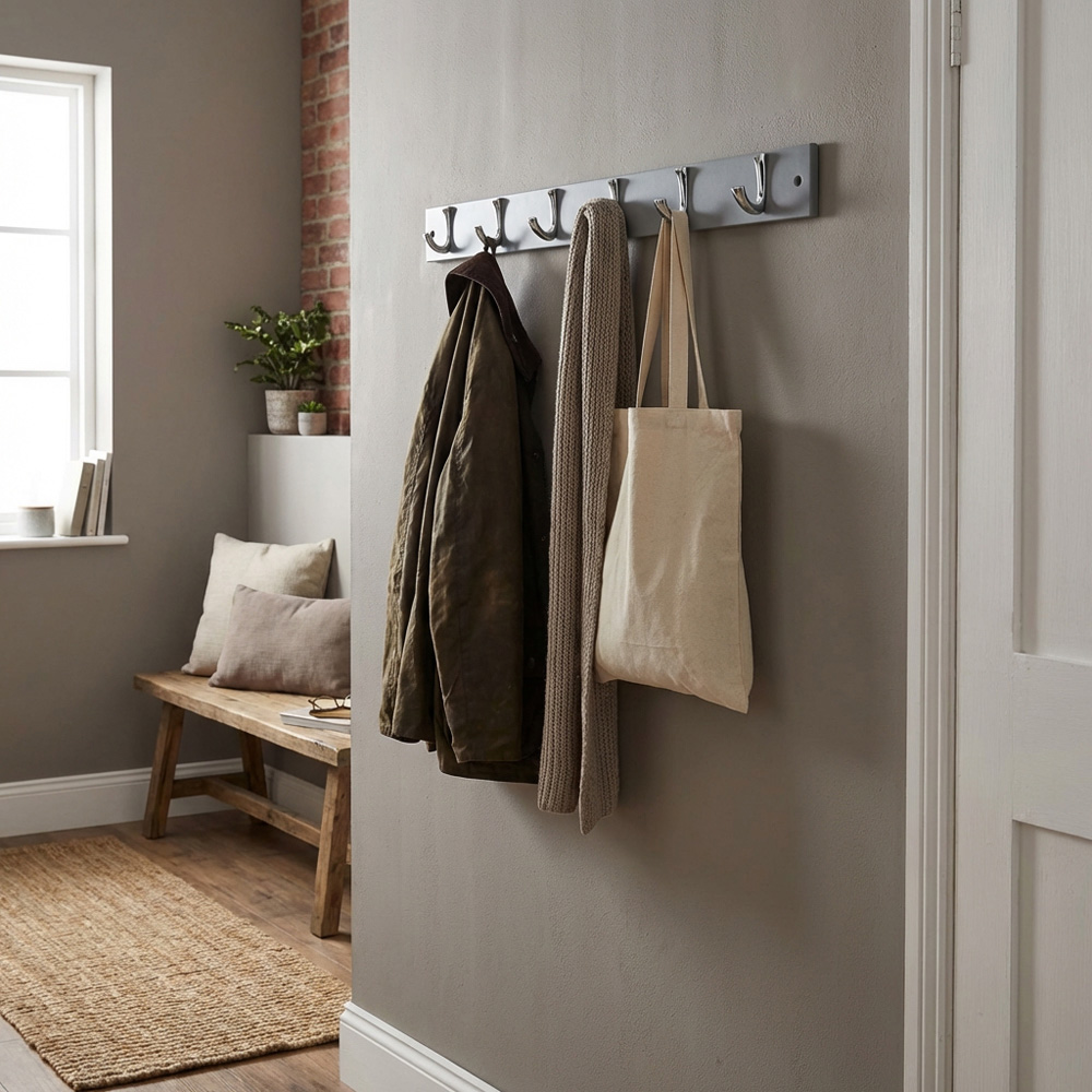 Grey and Chrome Ribbed 6 Hook Coat Rail Image 4