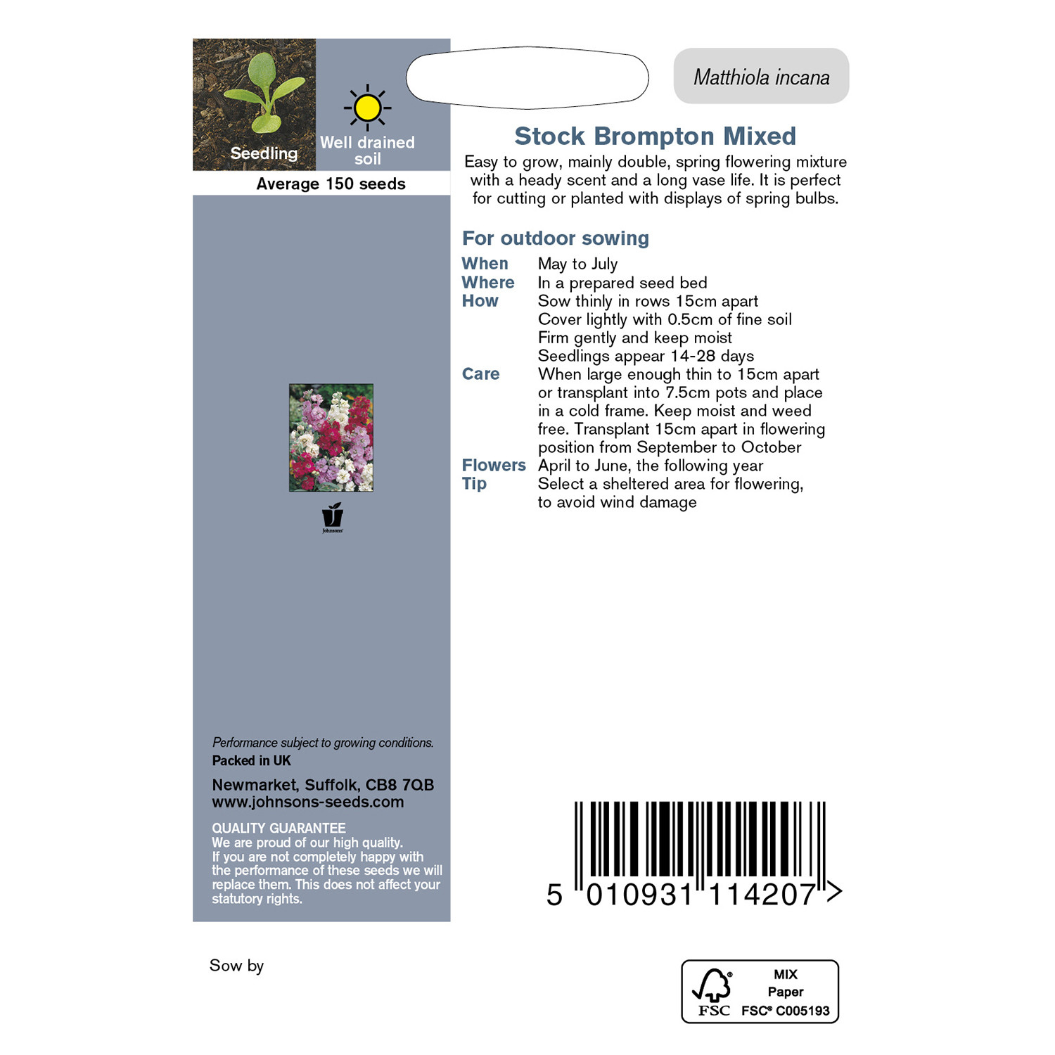 Johnsons Pack of Brompton Mixed Stock Flower Seeds Image 2