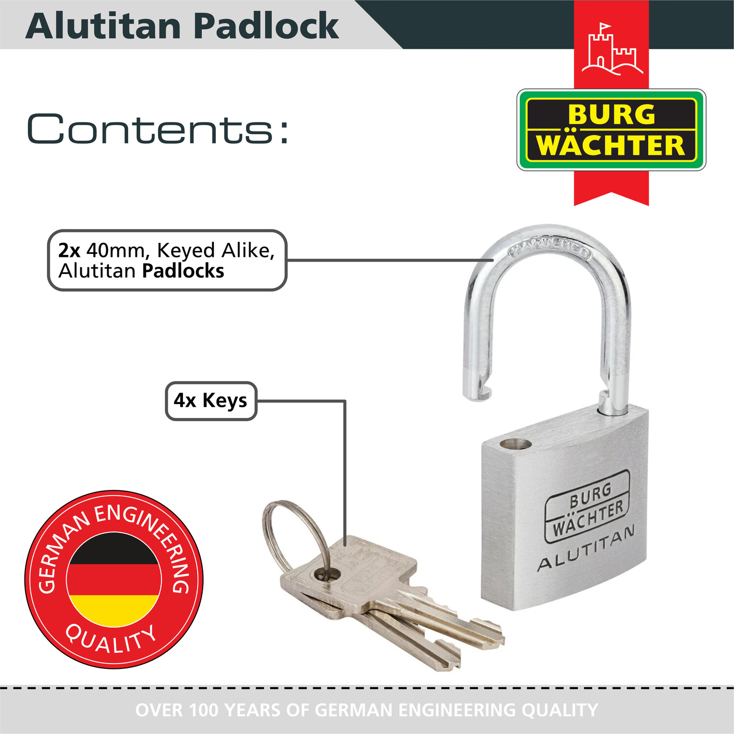 Pack of 2 Alutitan Aluminium Padlocks Silver 40mm Image 4