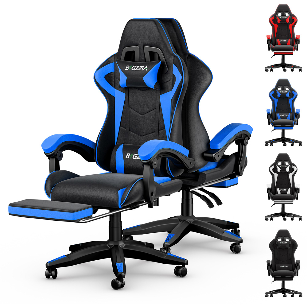Bigzzia Blue and Black Height Adjustable Reclining Gaming Chair with Footrest and Lumbar Cushion Image 3