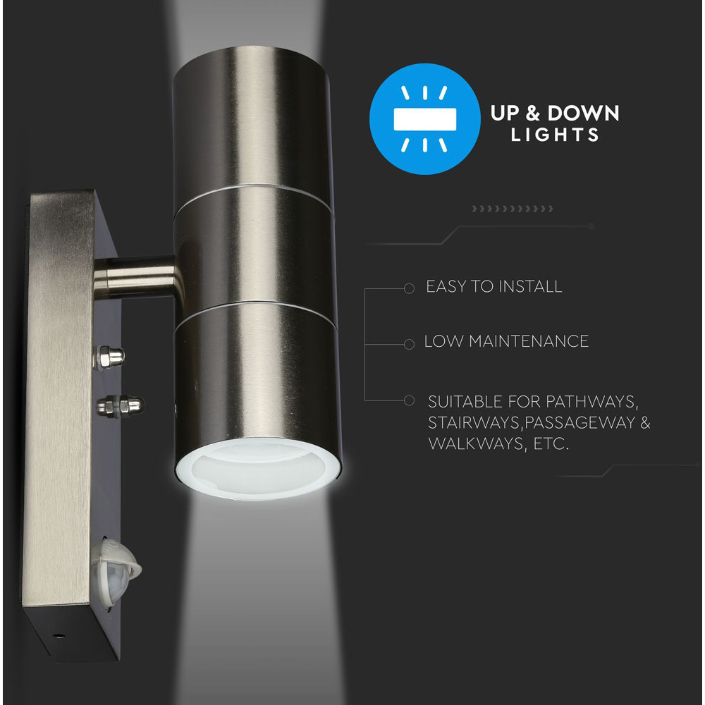 V-TAC GU10 Up and Down Stainless Steel Wall Light with PIR Sensor Image 7