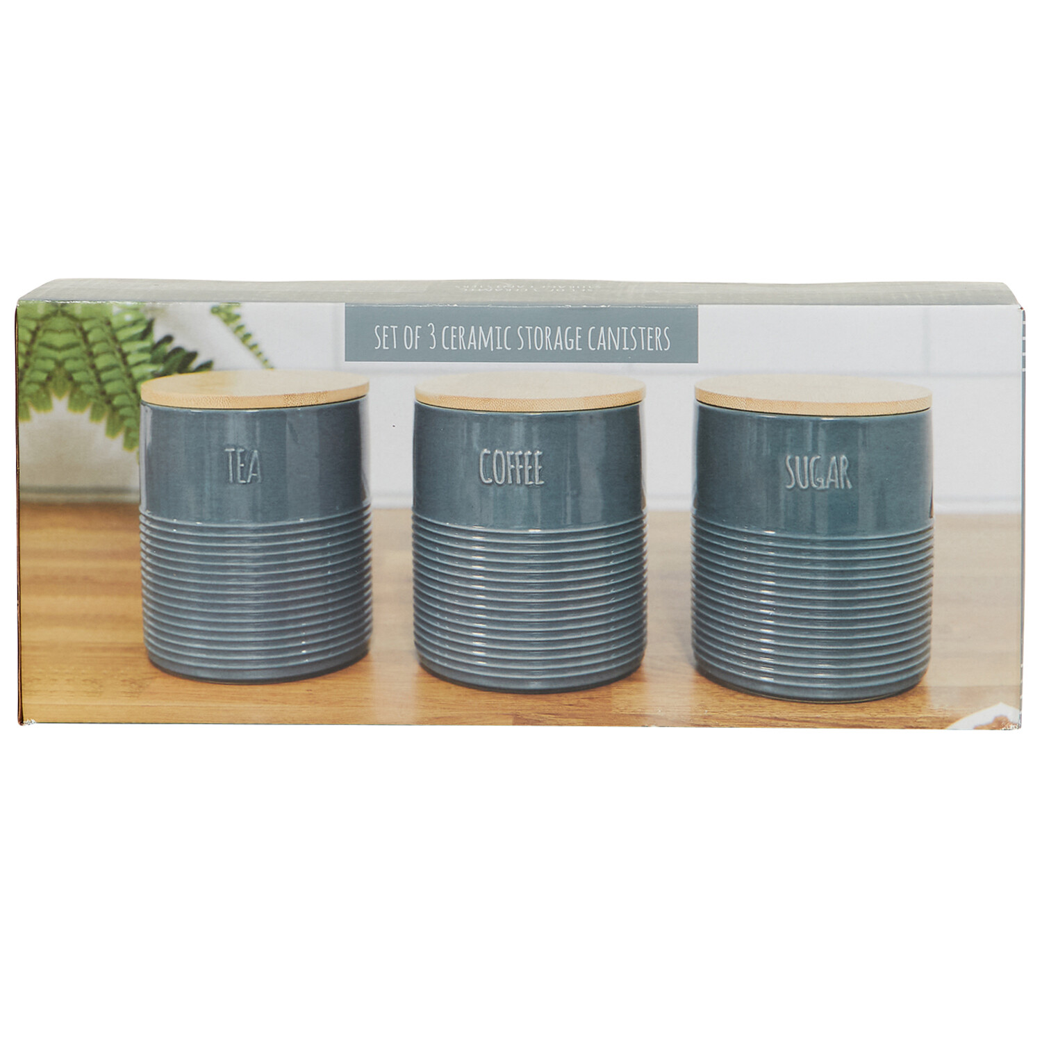 Set of 3 Embossed Ribbed Canister - Slate Blue Image 2