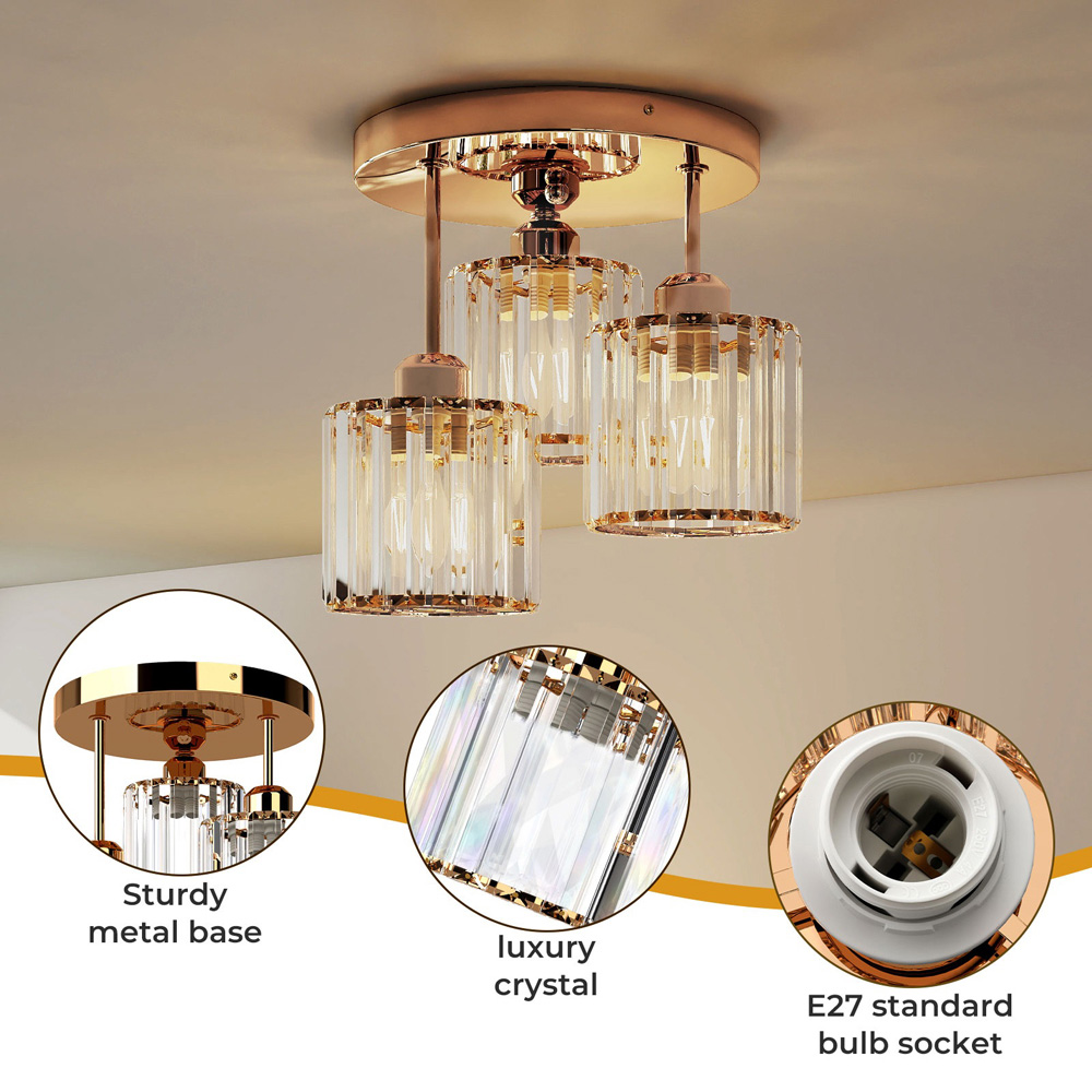 Emitto Gold 3 Light Semi Flush Mount E27 Crystal Ceiling Light Image 4