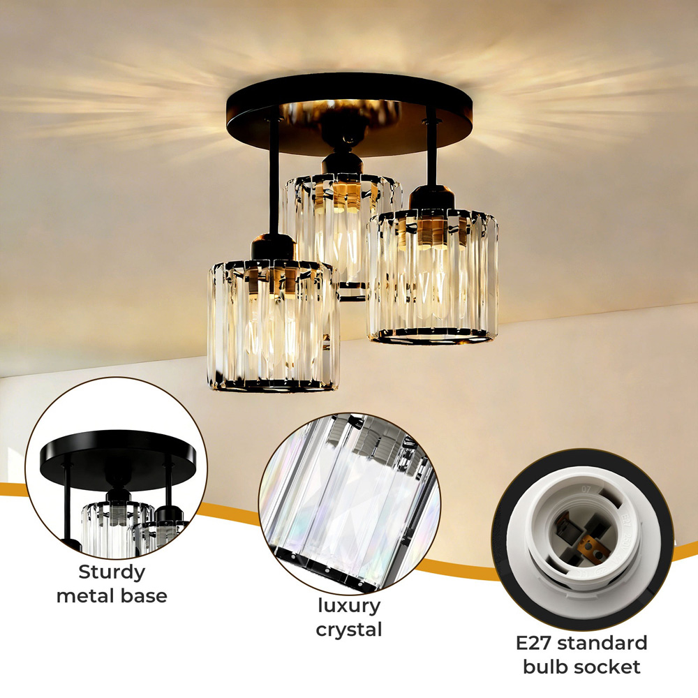 Emitto Black 3 Light Semi Flush Mount E27 Crystal Ceiling Light Image 4