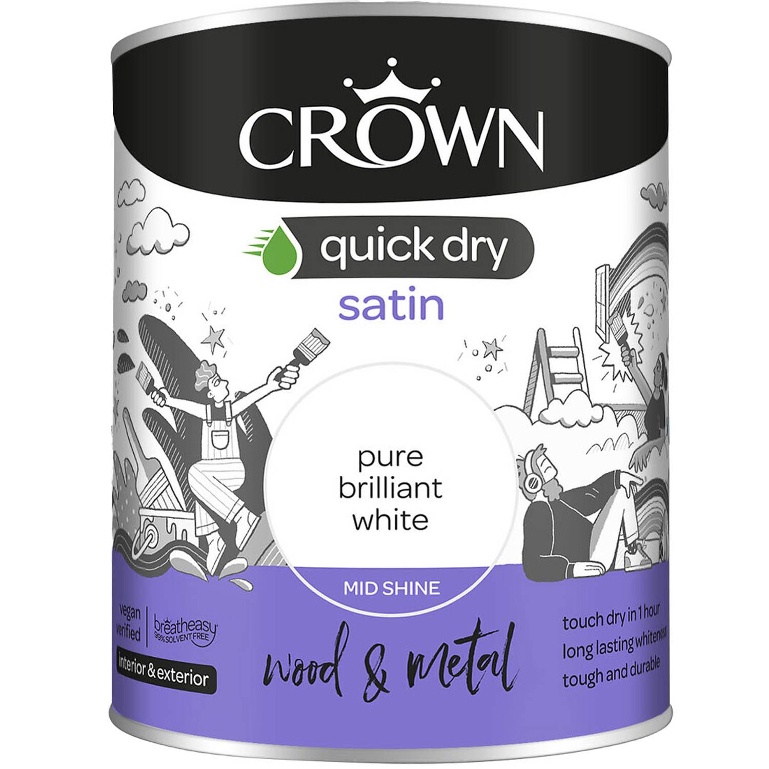 Crown Quick Dry Wood & Metal Pure Brilliant White Satin Paint 750ml Image 2