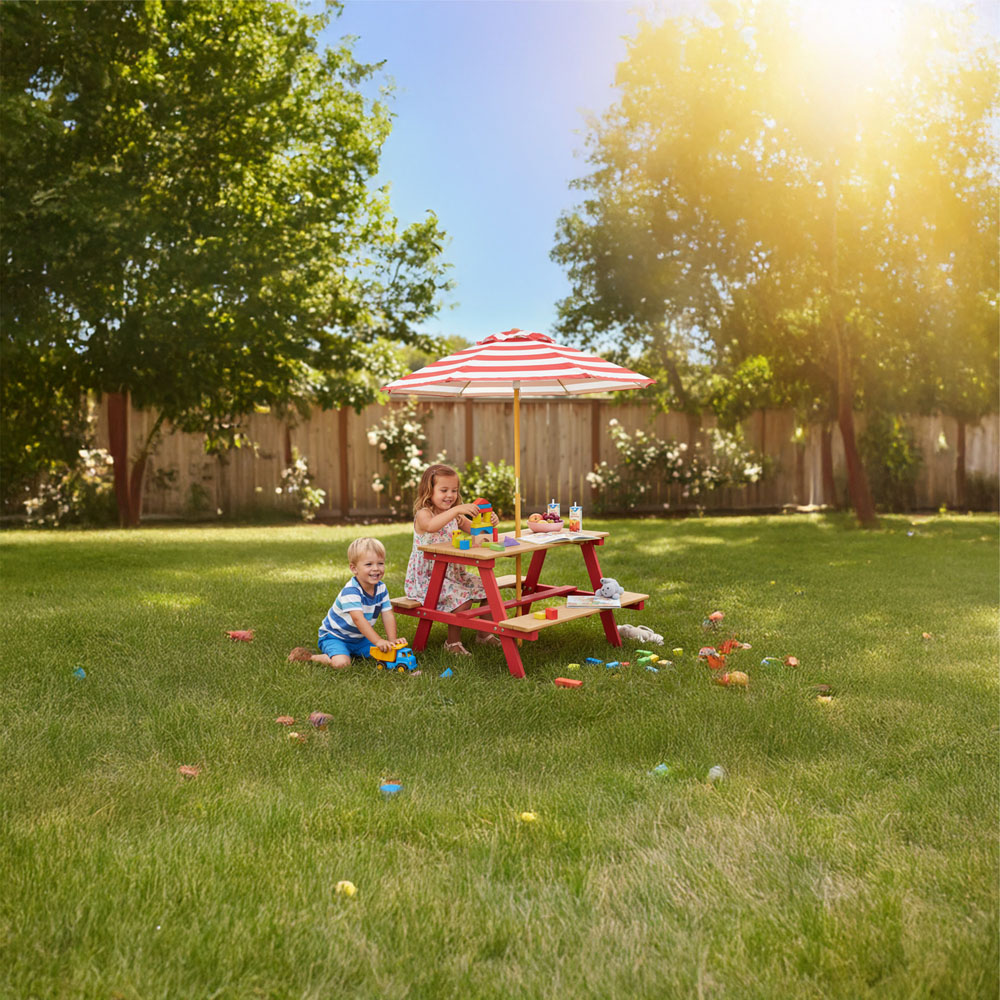Teamson Home Dakota Red and Natural Outdoor Wooden Picnic Table and Umbrella Set Image 5