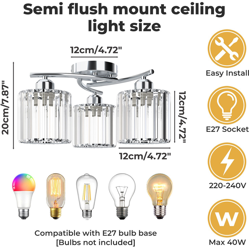 Emitto Chrome 3 Light Semi Flush Mount E27 Crystal Ceiling Light Image 8