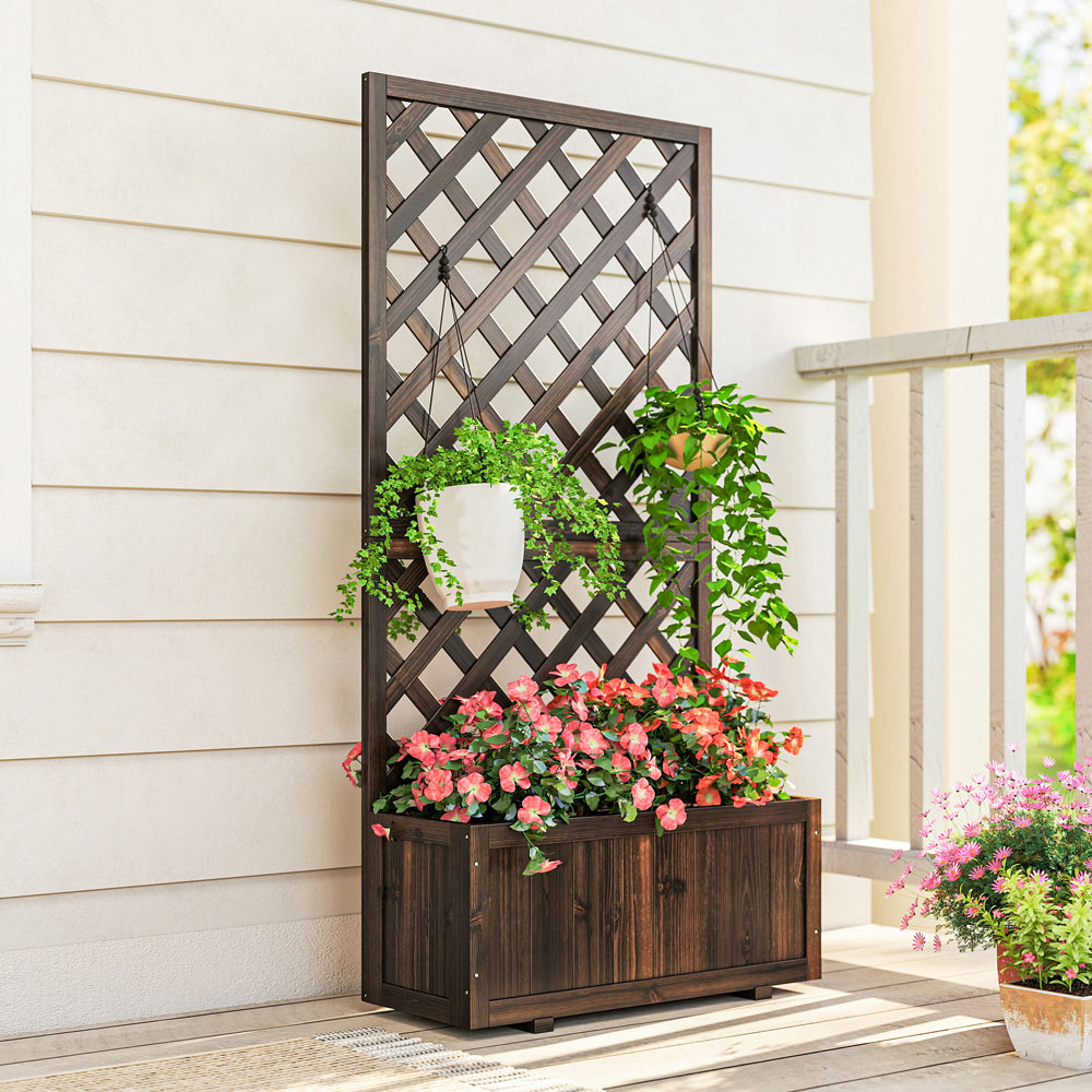 Outsunny Carbonised Finish Wooden Garden Planter with Trellis 45L Image 3
