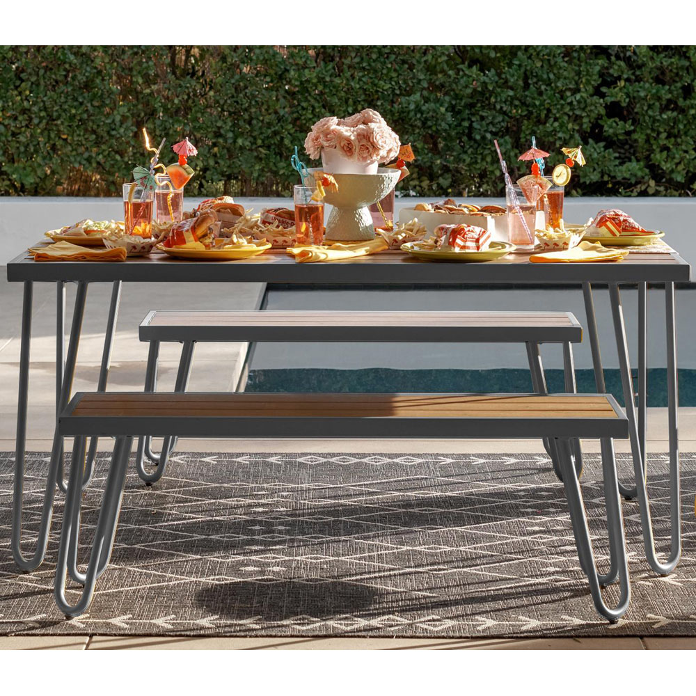 Paulette Grey Metal Frame Resin Wood Top Dining Table and Bench Set Image 7