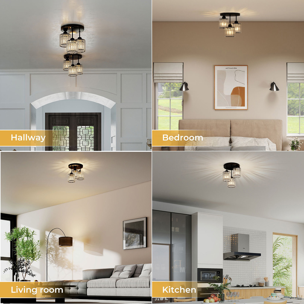 Emitto Black 3 Light Semi Flush Mount E27 Crystal Ceiling Light Image 6