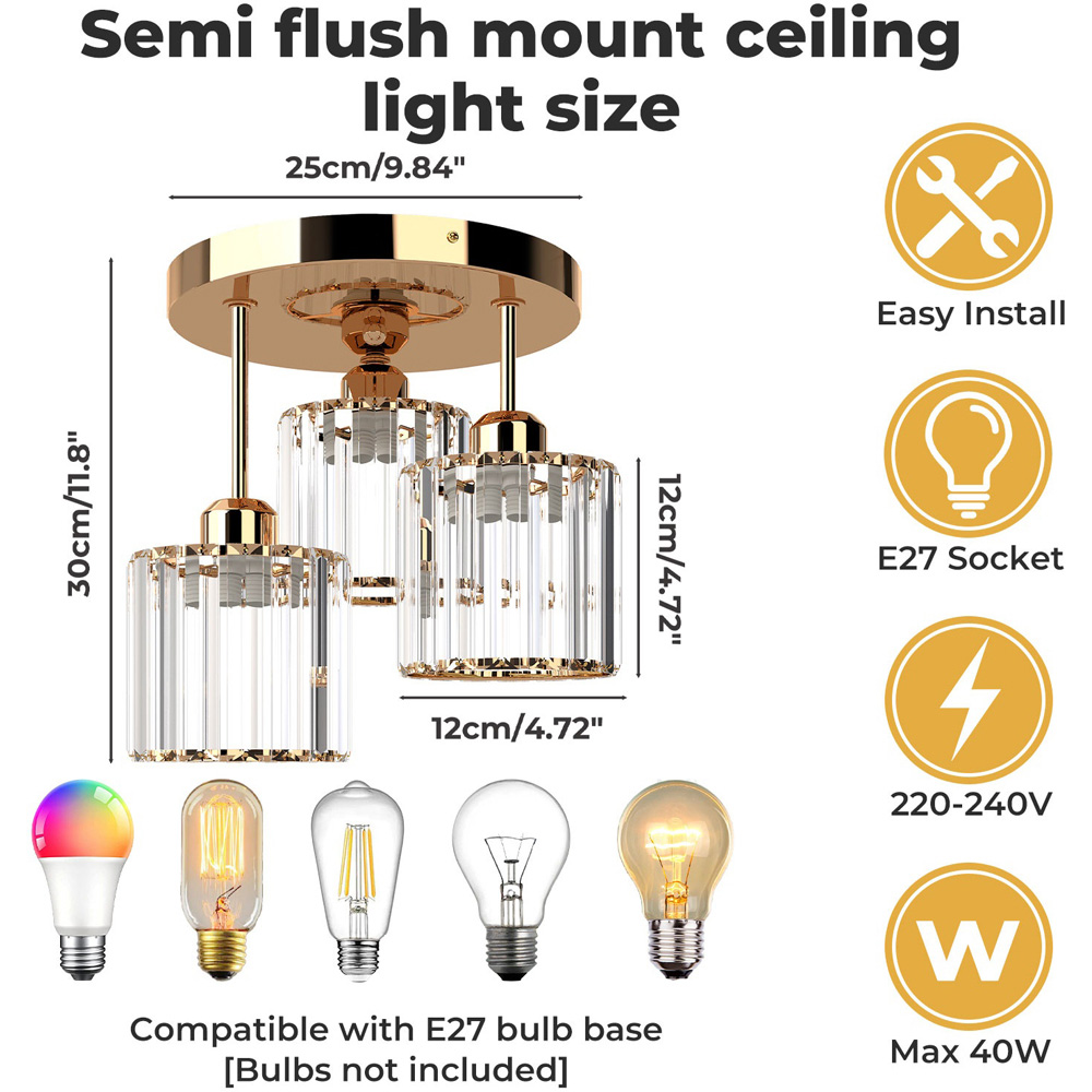 Emitto Gold 3 Light Semi Flush Mount E27 Crystal Ceiling Light Image 8