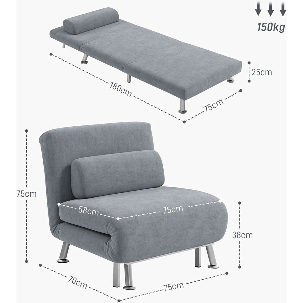 HOMCOM Single Grey Velvet Chair Bed with Adjustable Backrest Image 8