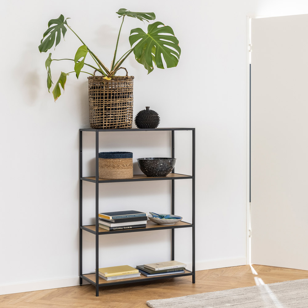 Furniture To Go Seaford Oak and Black 3 Shelf Metal Low Bookcase Image 5