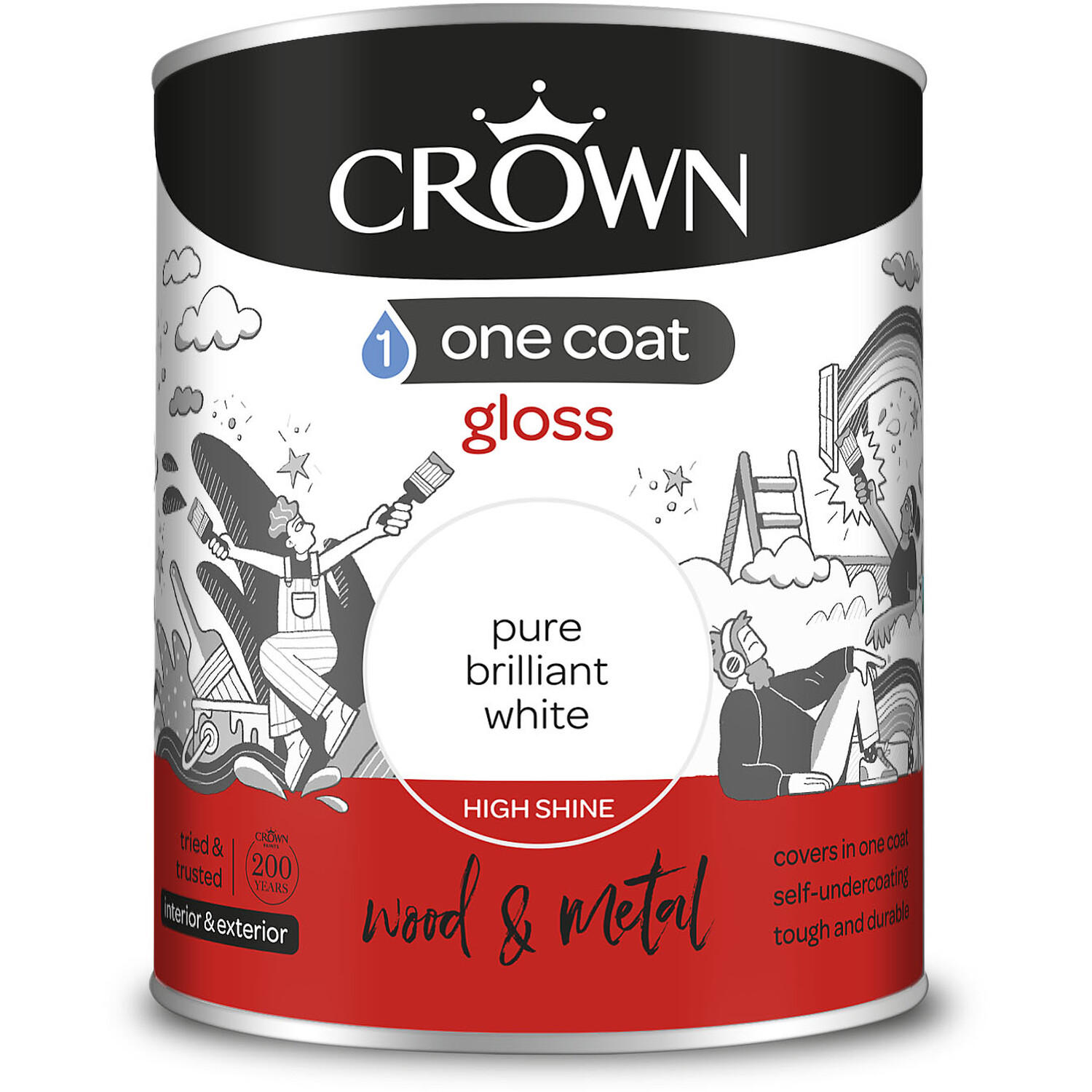 Crown One Coat Wood & Metal Pure Brilliant White Gloss Paint 750ml Image 2