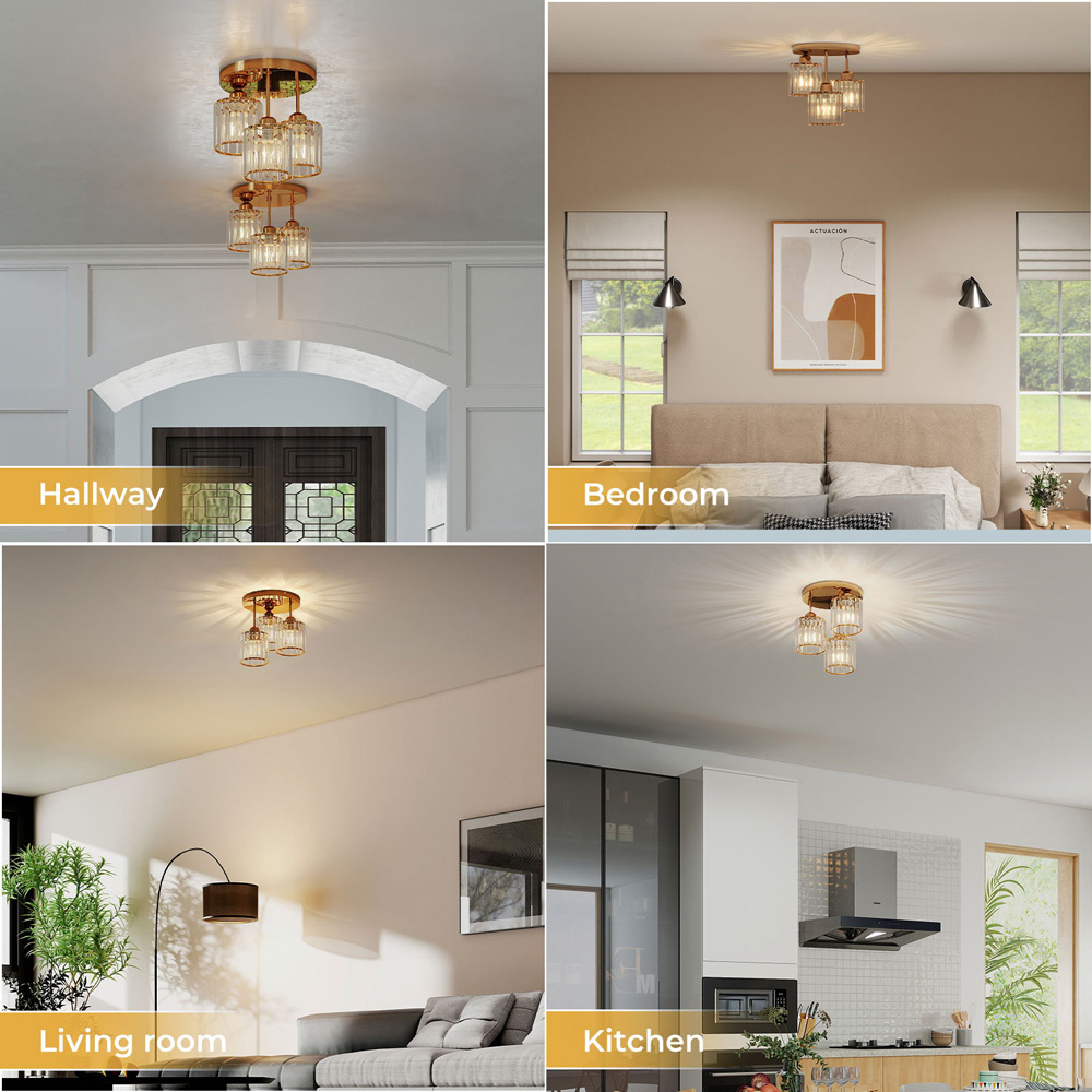 Emitto Gold 3 Light Semi Flush Mount E27 Crystal Ceiling Light Image 6