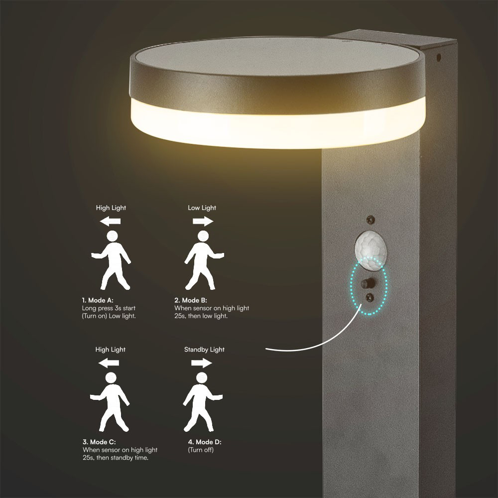 V-TAC 5.5W LED Solar Bollard Lamp with PIR Sensor Image 5