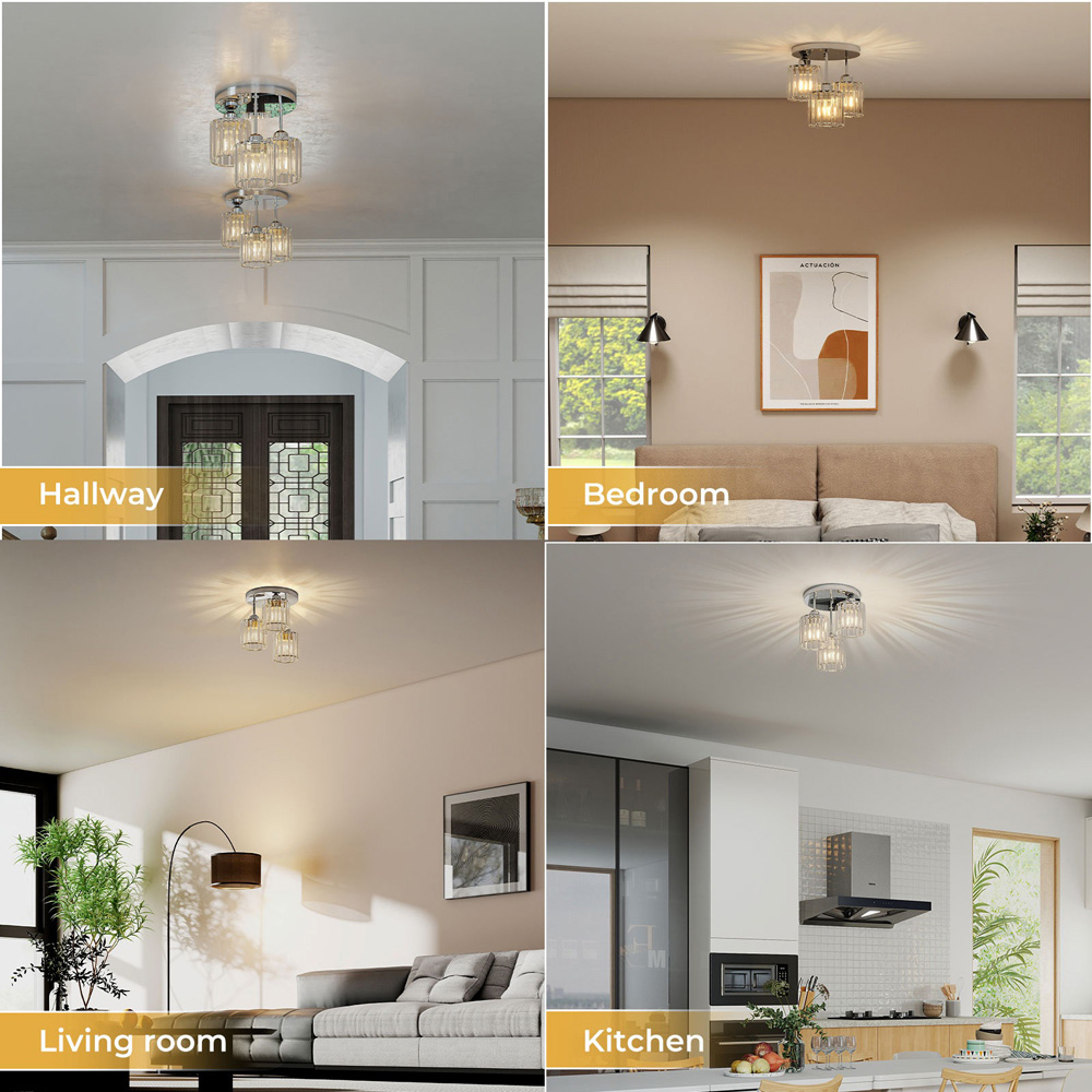 Emitto Chrome 3 Light Semi Flush Mount E27 Crystal Ceiling Light Image 6