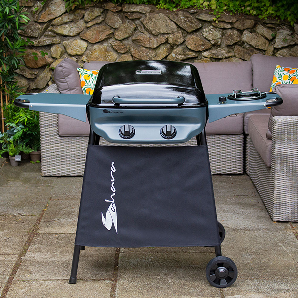 Sahara Black and Teal Rapid Assembly Plus 2 Burner Gas BBQ with Side Burner Image 2
